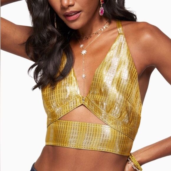 RAMY BROOK Crop Top Halter Adriana Silk Metallic Gold Silver Size 10 - Picture 1 of 10